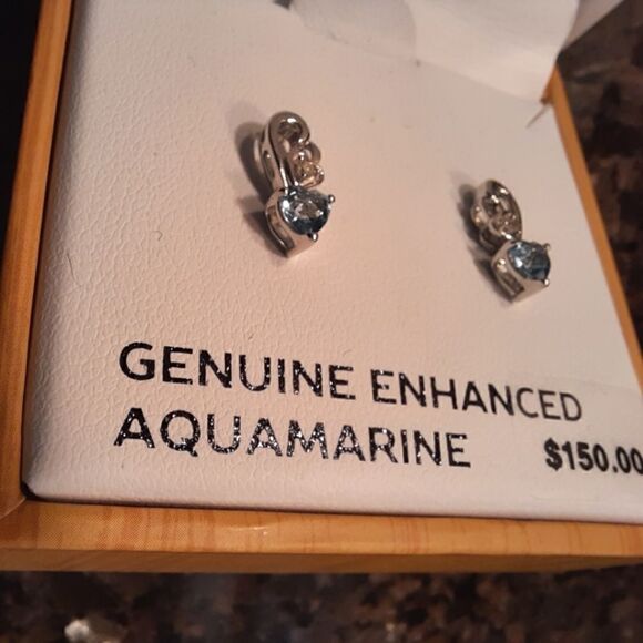 NWT Genuine Enhanced Aquamarine and Lab Created Diamond Stud Earrings - Picture 3 of 9